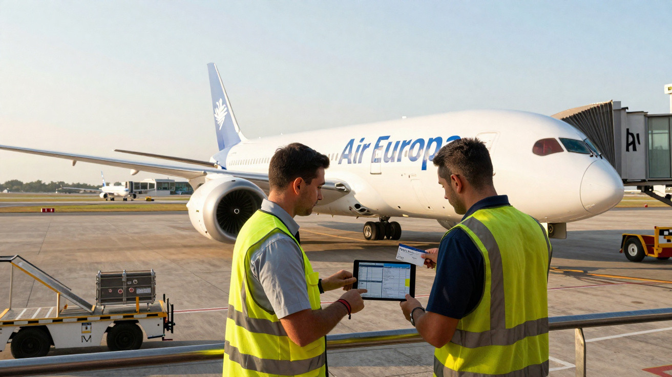 Dois trabalhadores com coletes refletivos conferem documentos em frente a um avião da Air Europa no aeroporto.