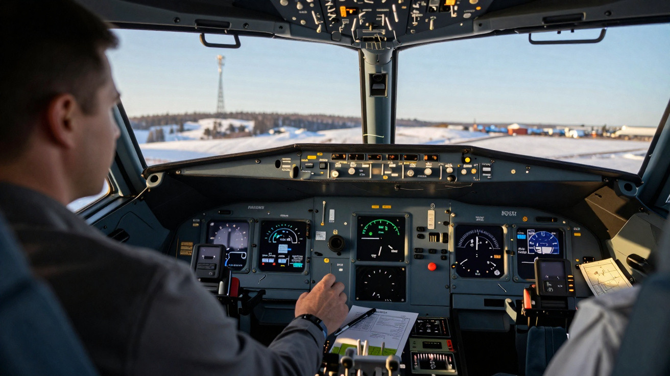 Dois pilotos no cockpit de avião, um segurando o manche, com vista para pista e torre ao fundo.