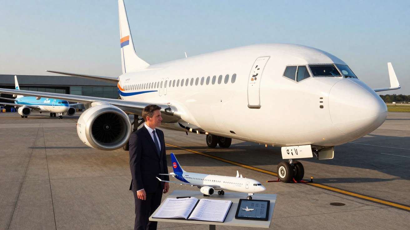 Homem de terno ao lado de uma mesa com miniatura de avião e documentos, com avião branco ao fundo em pista.