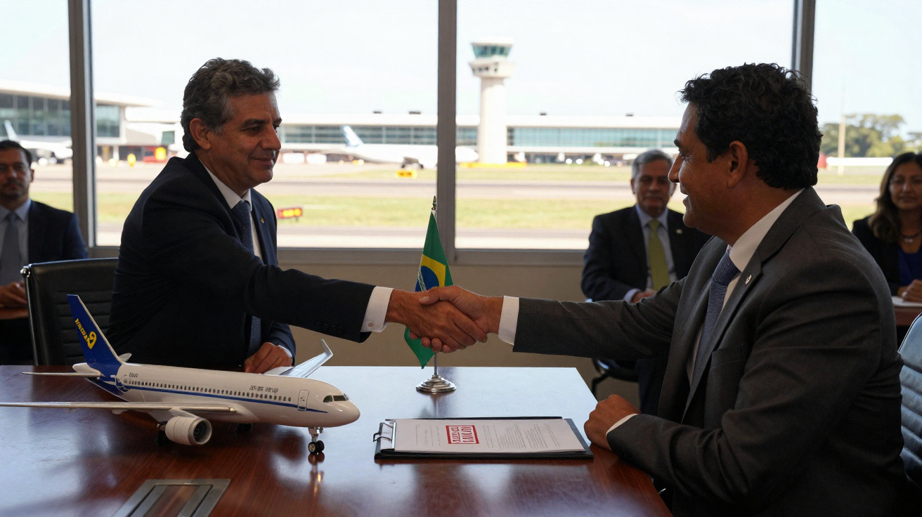 Dois homens apertam as mãos em mesa com miniatura de avião e bandeira do Brasil no fundo de aeroporto.