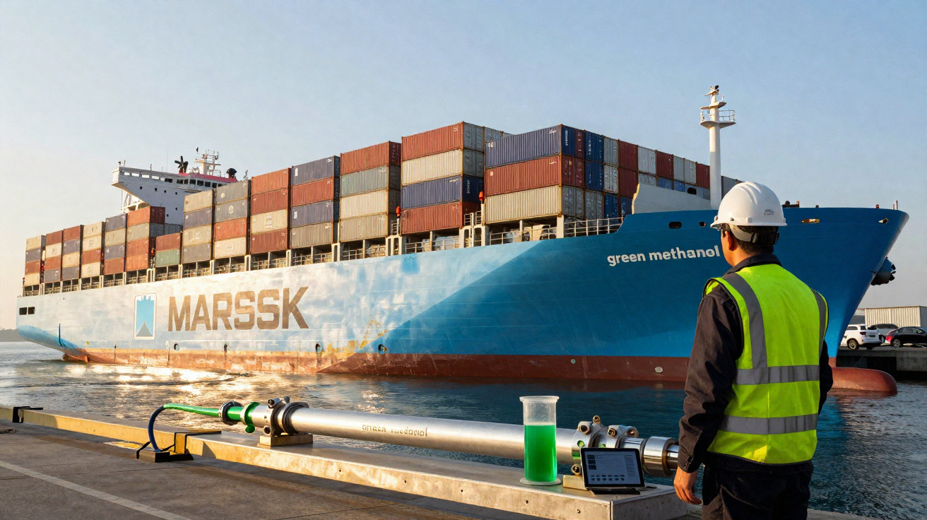 Homem com capacete e colete observa navio de carga com containers no porto ao entardecer.
