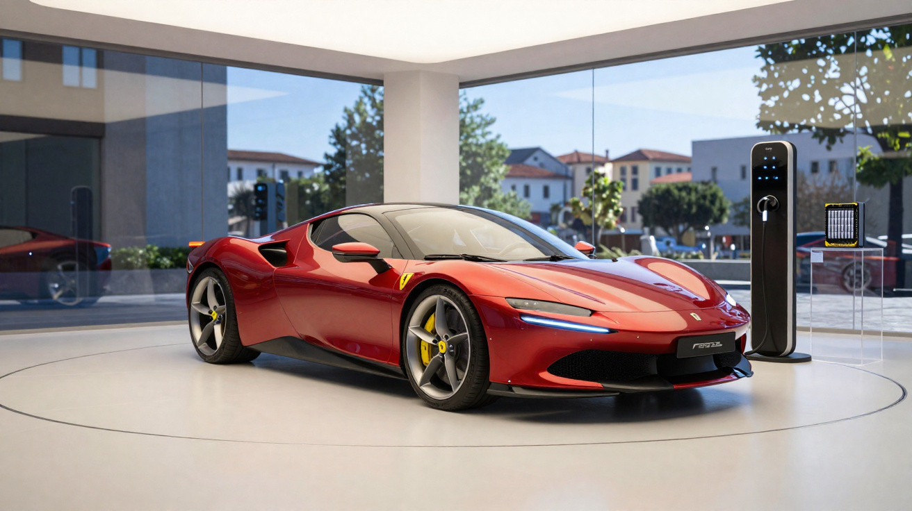 Carro esportivo vermelho Ferrari F512 M estacionado em showroom moderno com carregador elétrico.