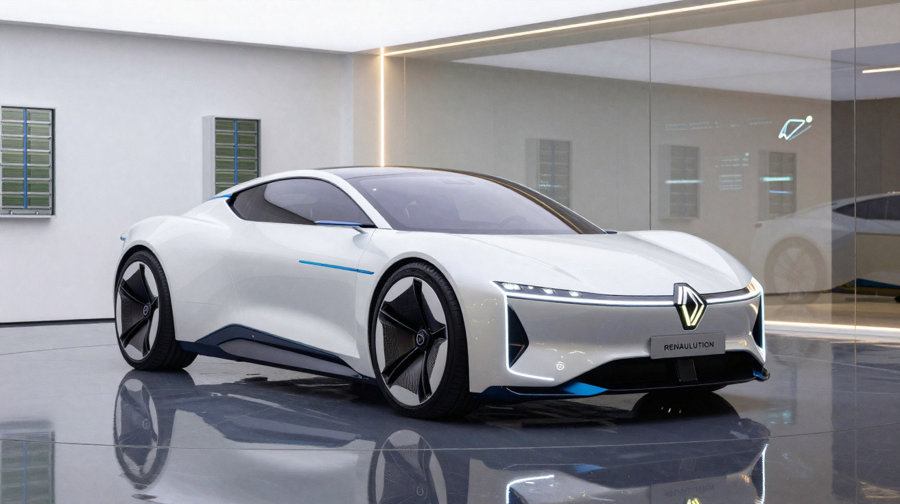 Carro esporte elétrico conceito branco Renault em showroom moderno com piso espelhado.