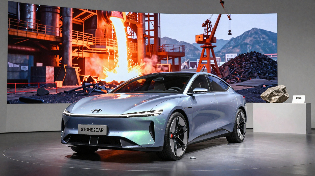 Carro elétrico Hyundai prata em exposição com imagem de fundição de metal ao fundo.