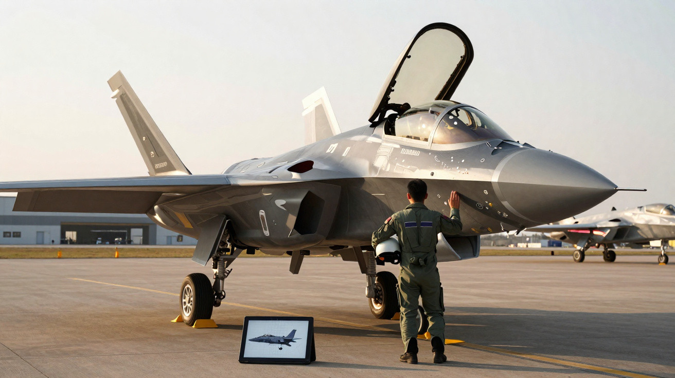 Caça F-35 estacionado com piloto em pé ao lado em pista de aeroporto sob céu claro.