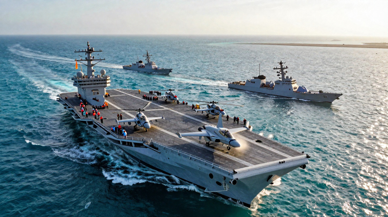 Porta-aviões com aviões e navios de guerra navegando no mar em dia claro.