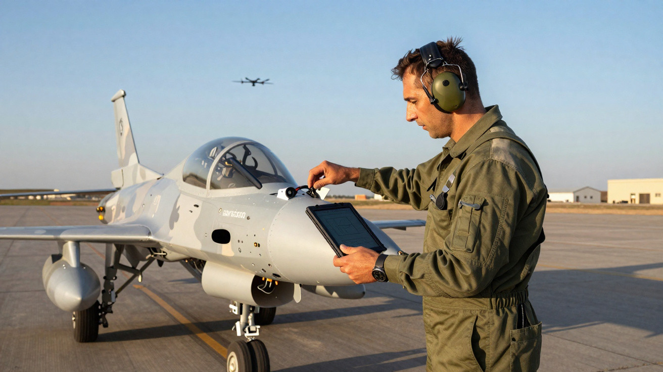 Piloto em uniforme verde verifica painel de jato militar estacionado em pista durante o dia.