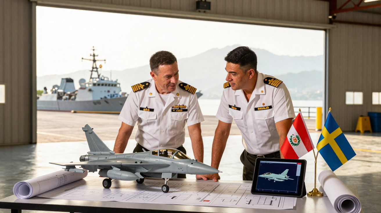 Dois oficiais navais analisam maquete de avião de guerra com plantas e bandeiras do Peru e Suécia.