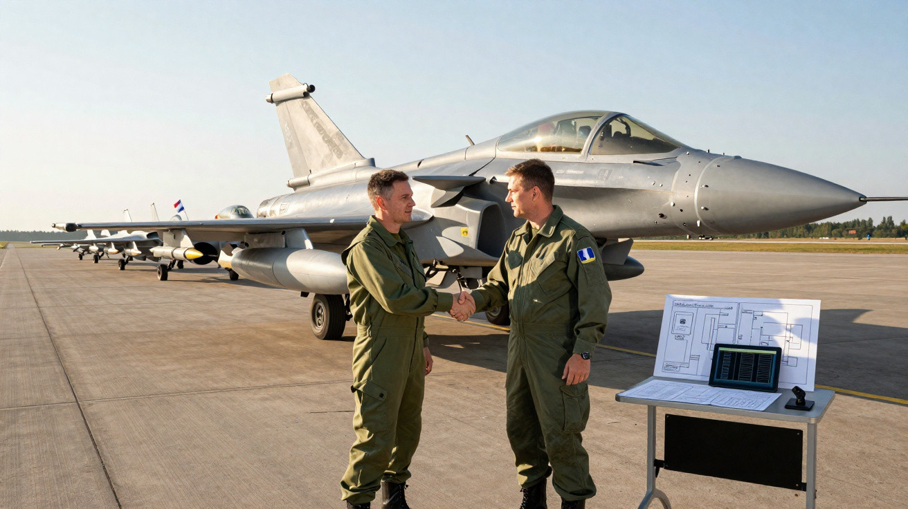 Dois pilotos militares de macacão verde apertando as mãos próximo a um caça militar na pista de decolagem.