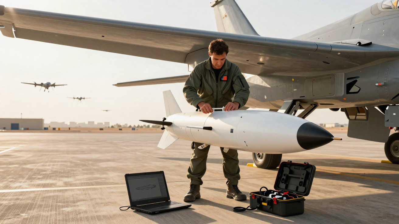Homem em uniforme militar ajusta drone em pista com laptop e caixa de ferramentas ao lado, avião ao fundo.