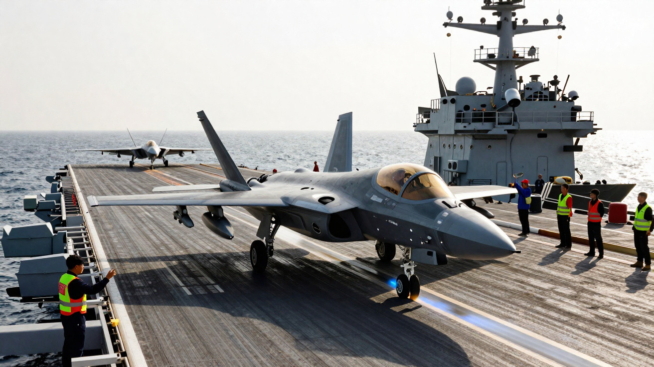 Caça F-35 decolando de porta-aviões com equipe de solo ao redor no mar.