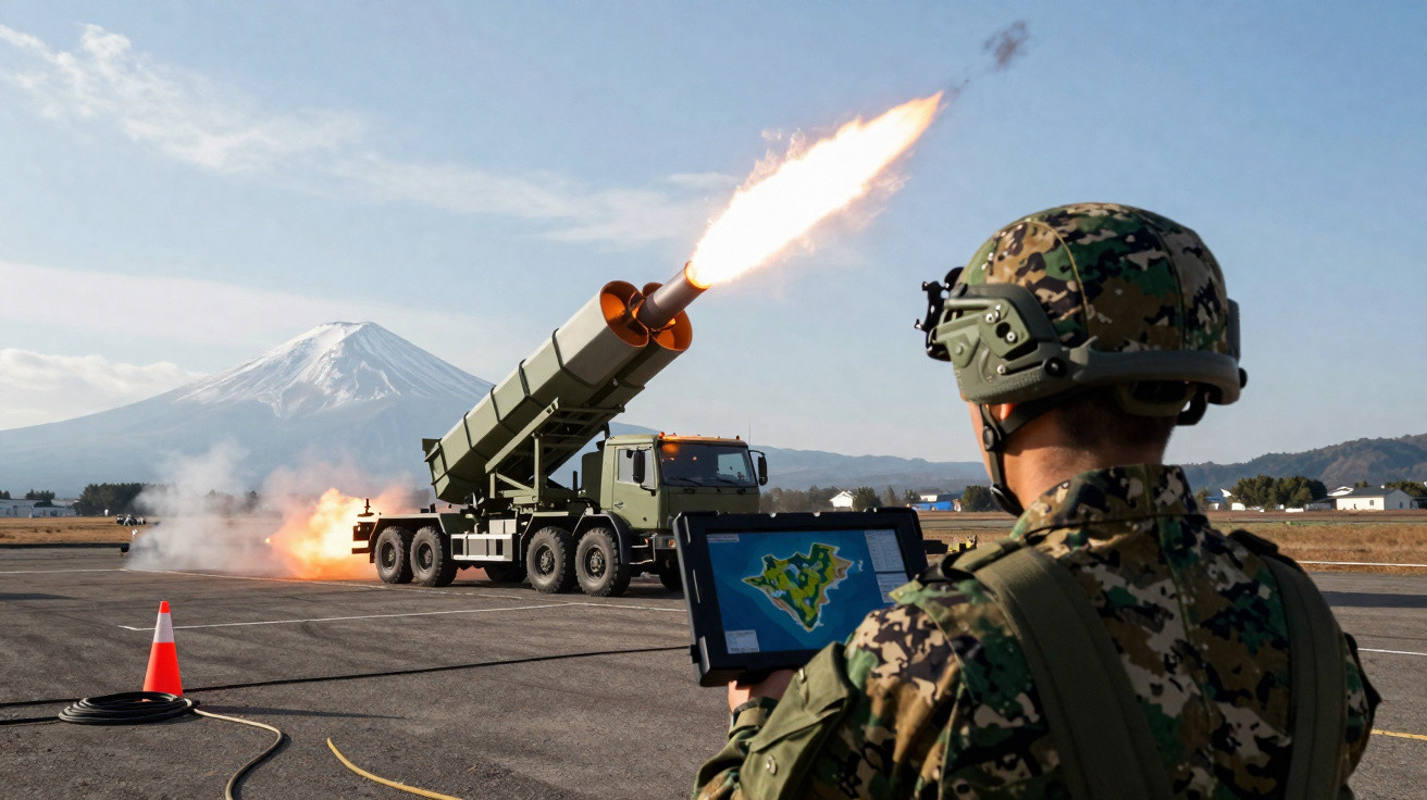 Soldado operando lançador de míssil com base e monte nevado ao fundo.