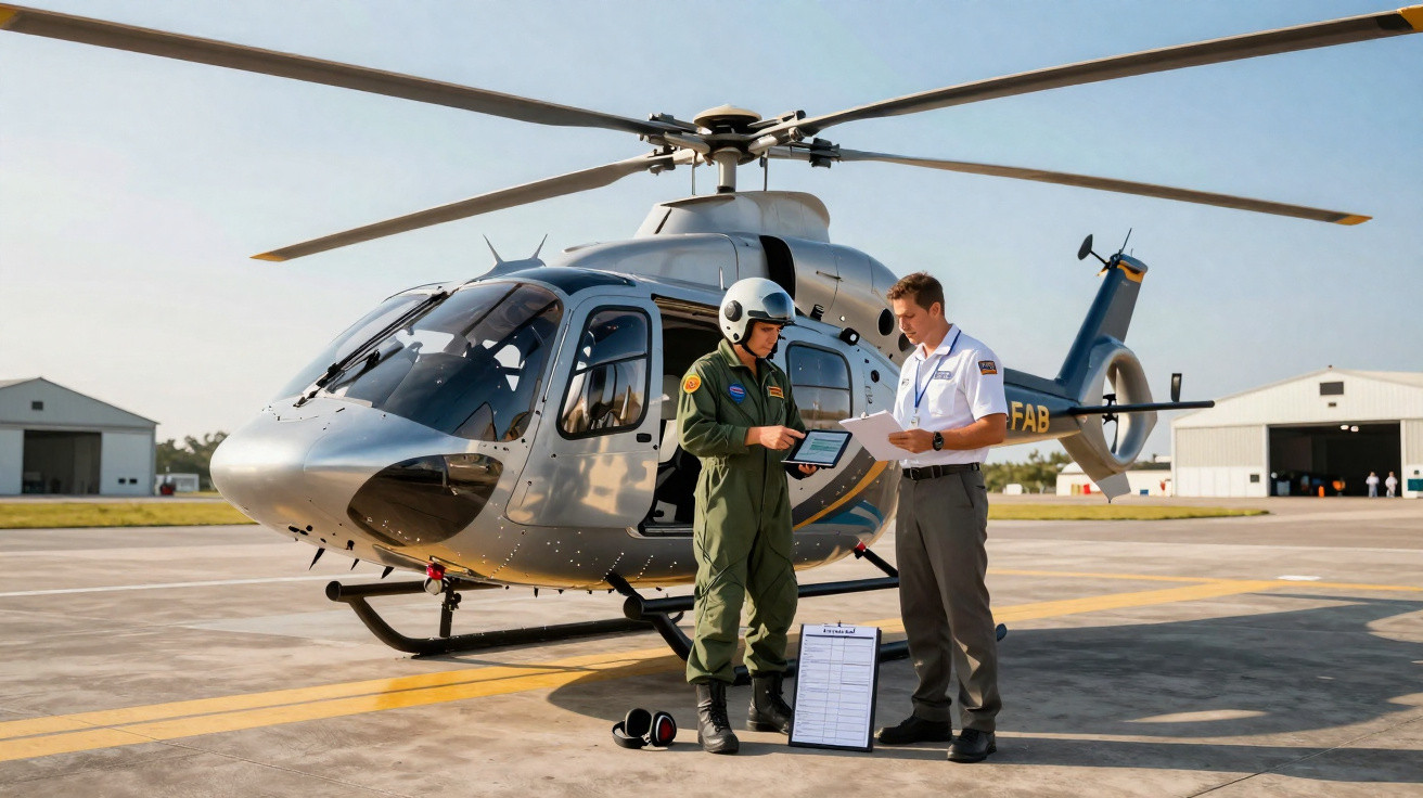 Piloto militar e técnico em uniforme discutem documentos ao lado de helicóptero cinza em hangar aéreo.