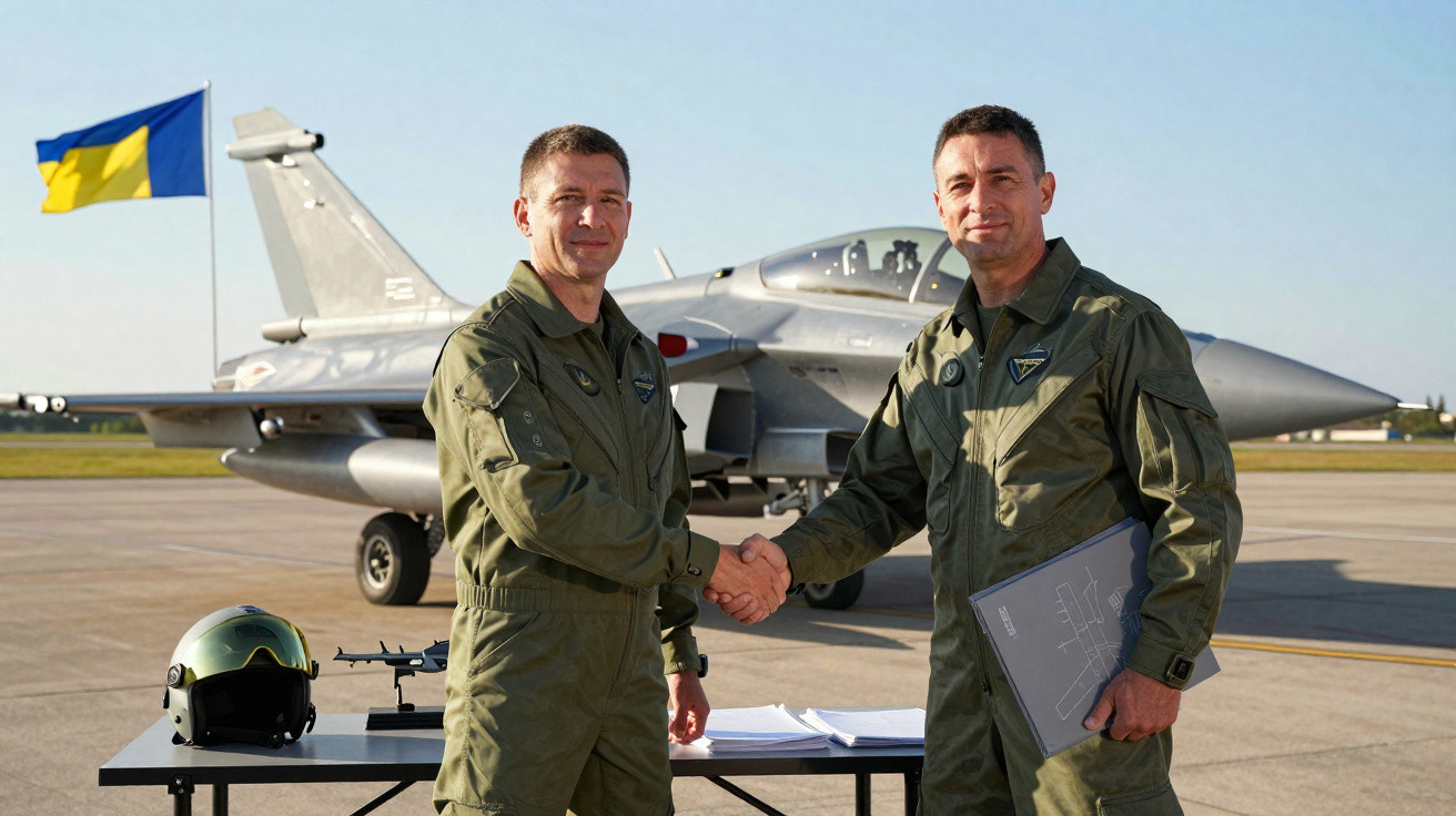 Dois pilotos militares apertam as mãos em pista de decolagem com caça e bandeira da Ucrânia ao fundo.