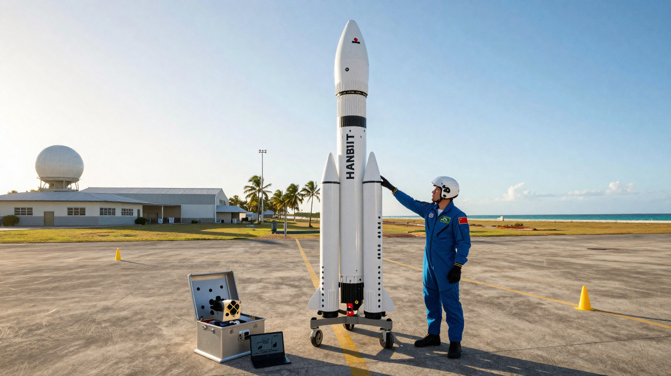 Astronauta em traje azul toca um modelo de foguete branco com a palavra Hanbit em área externa.