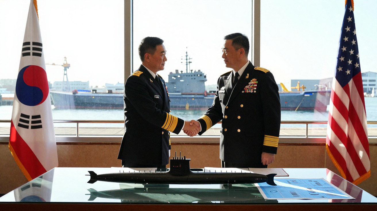 Dois militares apertam as mãos diante de um modelo de submarino entre as bandeiras da Coreia do Sul e dos Estados Unidos.