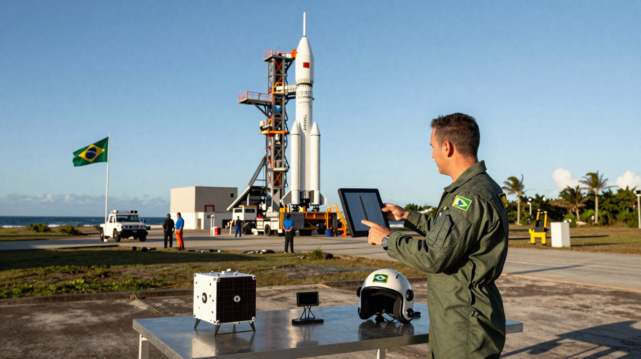 Técnico com uniforme verde e tablet observa foguete na plataforma de lançamento com bandeira do Brasil ao fundo.