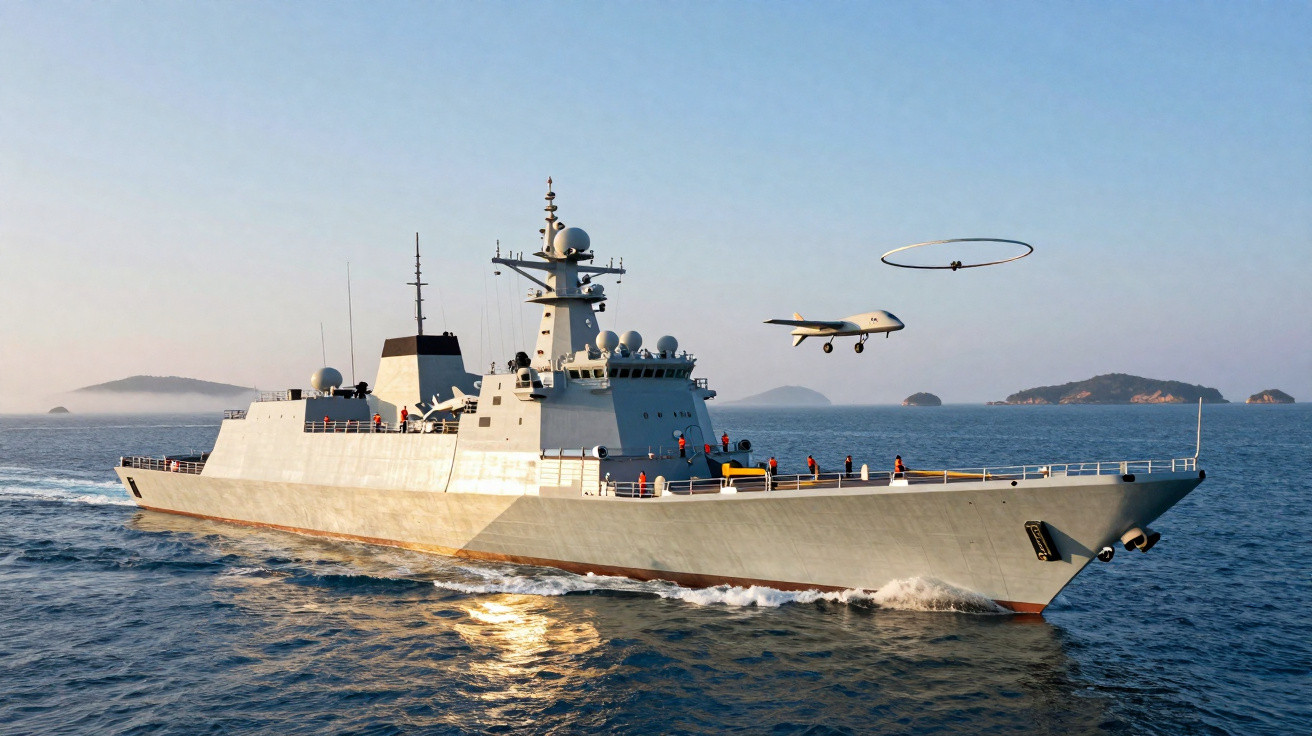 Navio de guerra cinza navegando no mar com drone voando ao lado em dia claro e céu limpo.