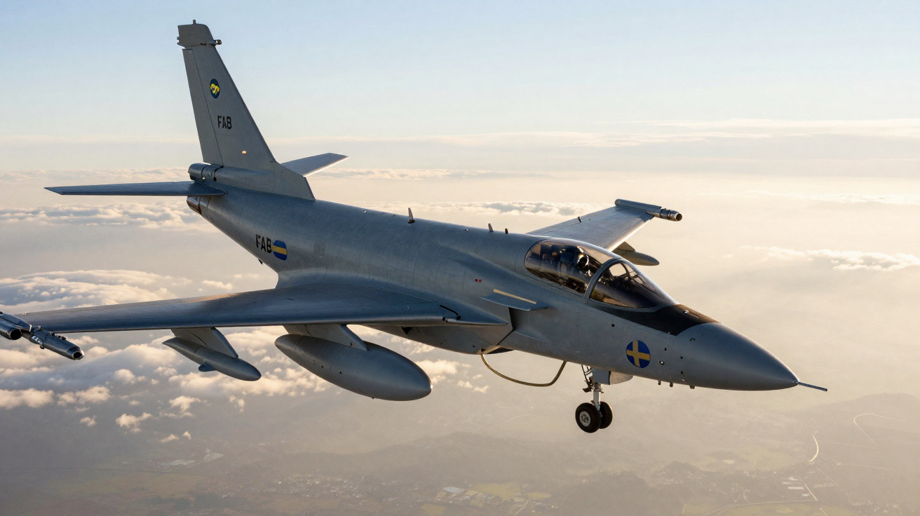 Avião de caça da Força Aérea Brasileira voando acima das nuvens ao pôr do sol.