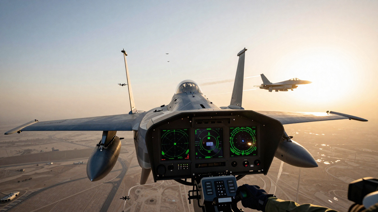 Cockpit de caça em voo com radar ativo e outro avião visível ao pôr do sol.