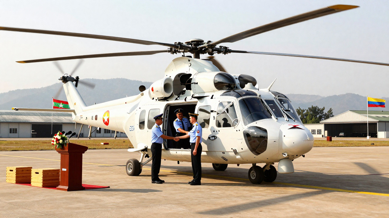 Helicóptero branco estacionado no aeroporto com três militares cumprimentando-se próximo à porta aberta.