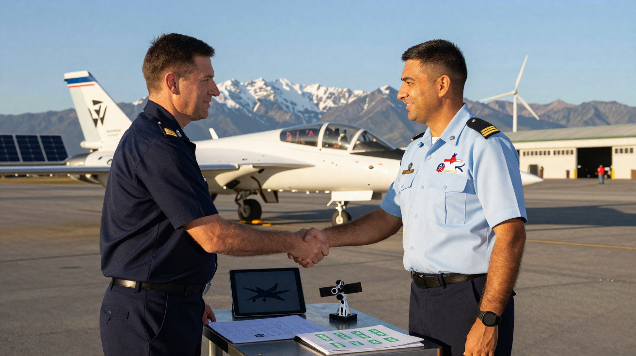Dois militares apertando as mãos em frente a um avião pequeno em pista com montanhas ao fundo.