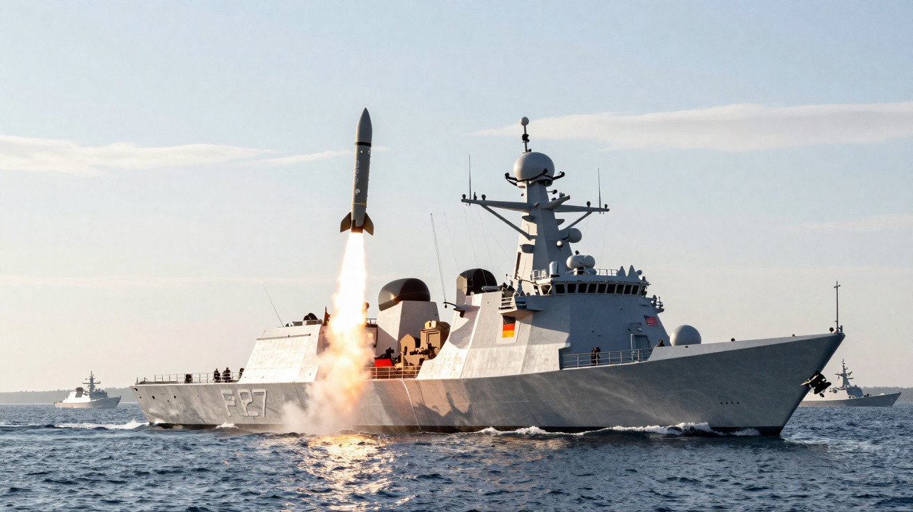 Navio militar lança míssil sobre o mar em dia claro com outros navios ao fundo.