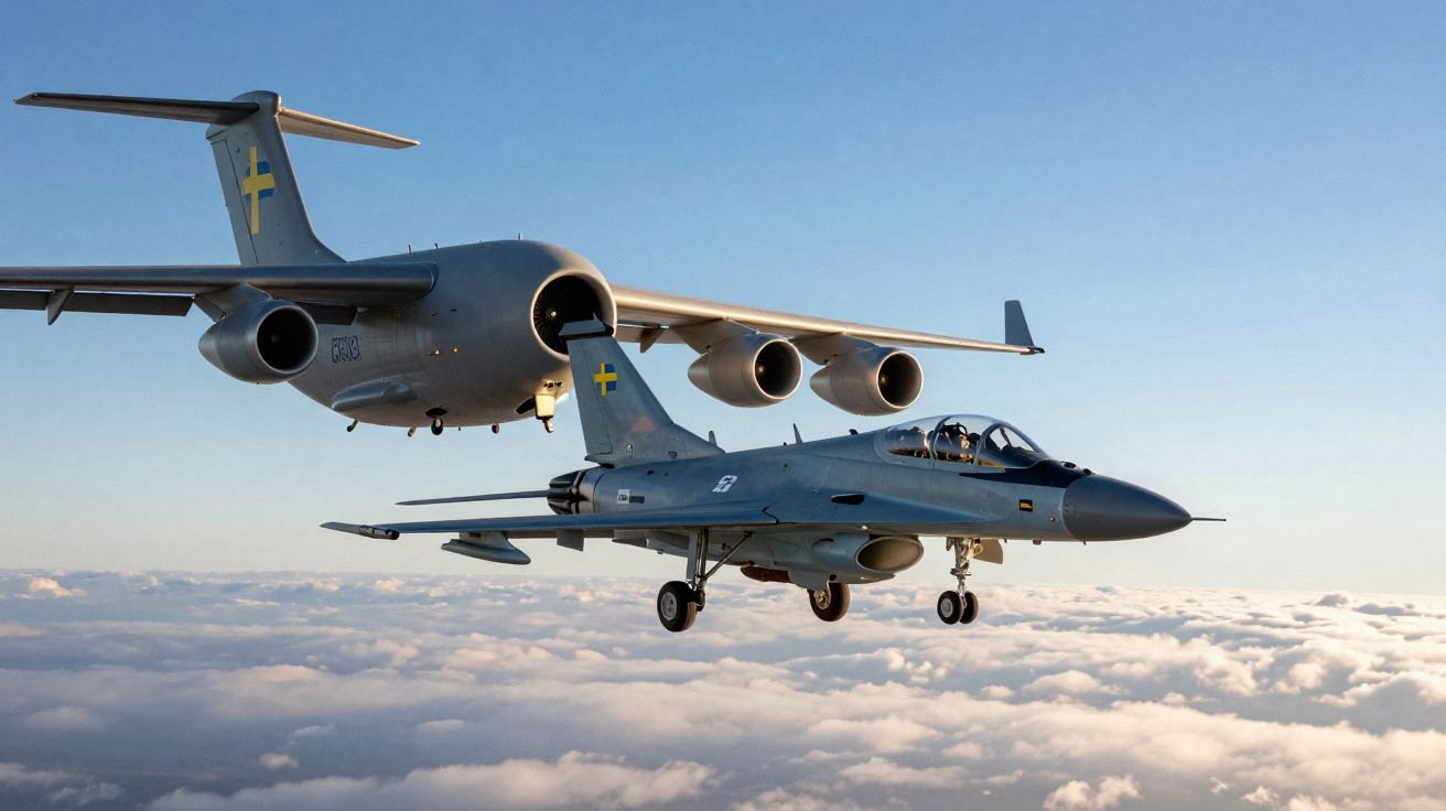 Dois aviões militares suecos voando acima das nuvens em céu claro durante o dia.