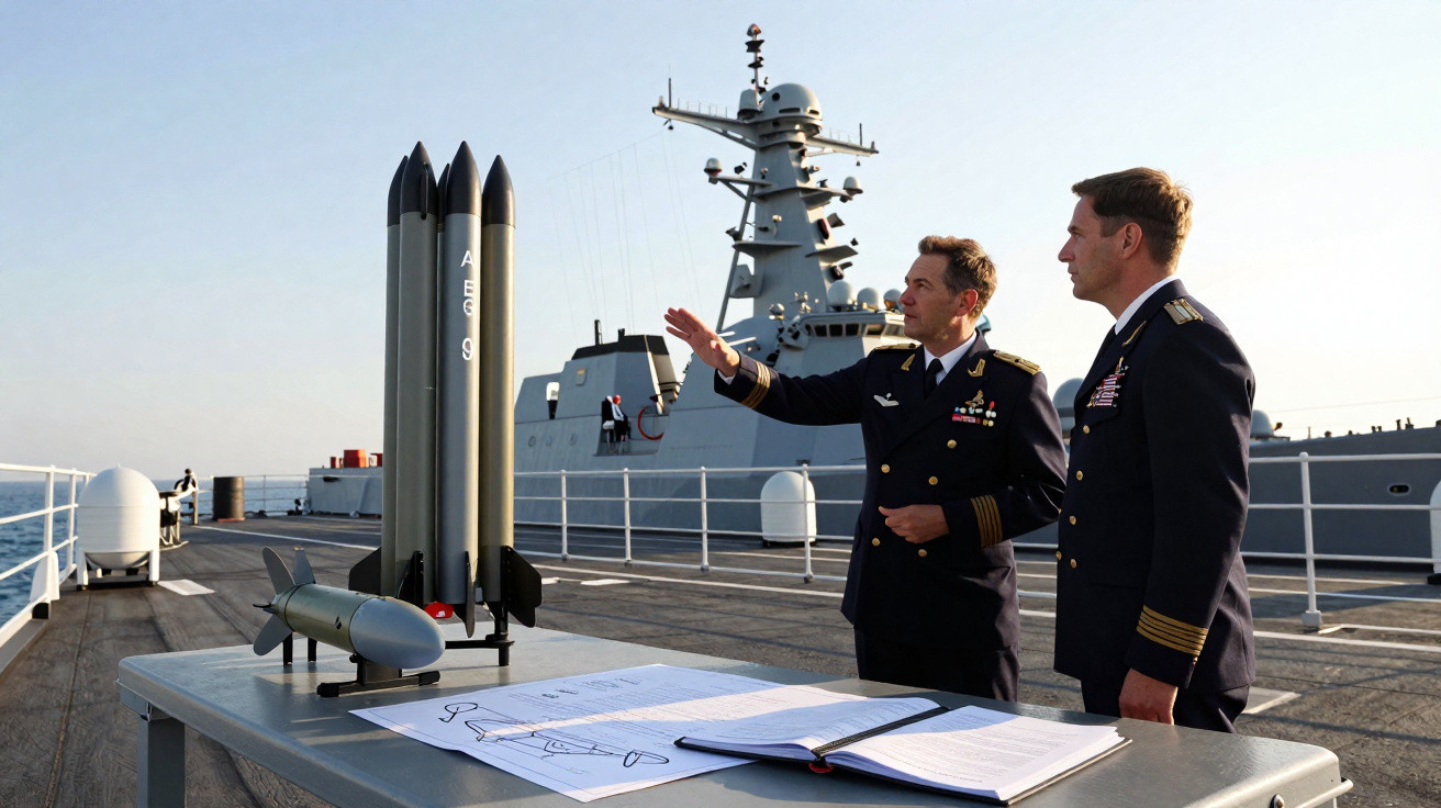 Dois oficiais navais em uniforme observam modelo de mísseis em mesa sobre convés de navio de guerra.