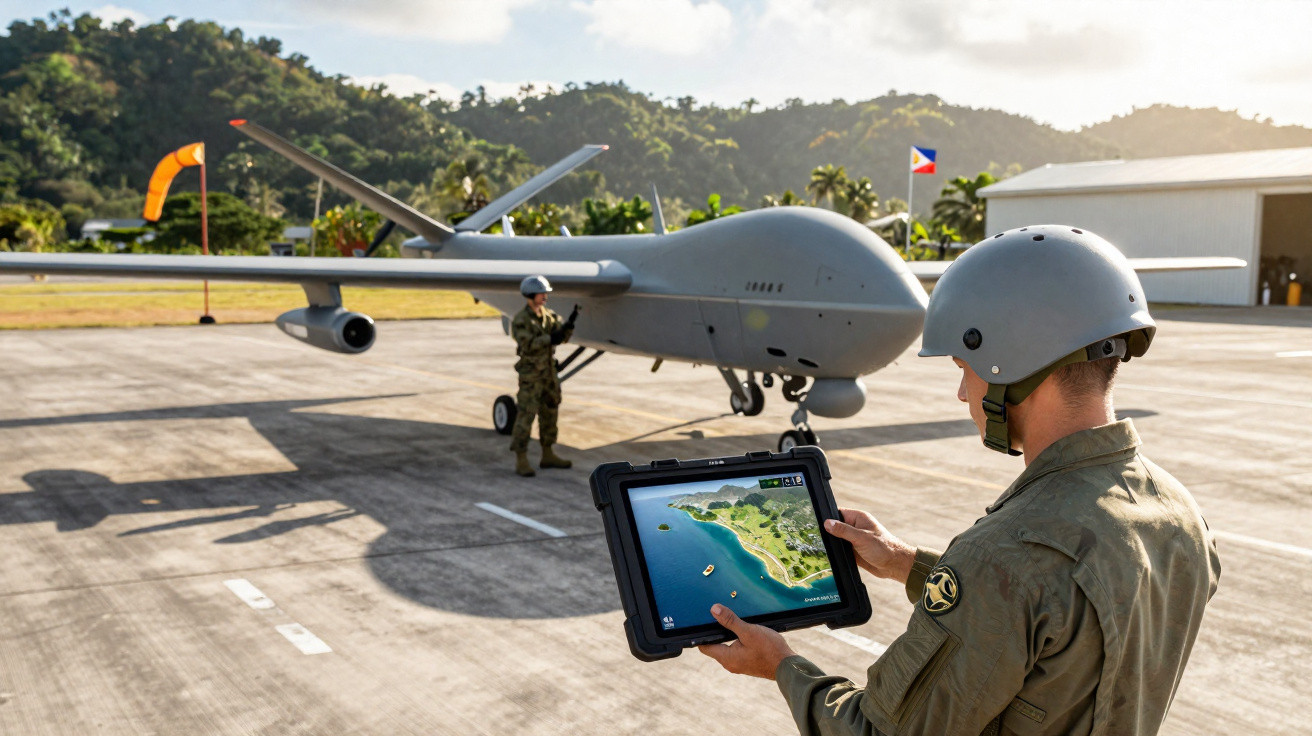 Dois militares em uniforme e capacete operam um drone militar cinza em pista de aeroporto próximo a hangar.