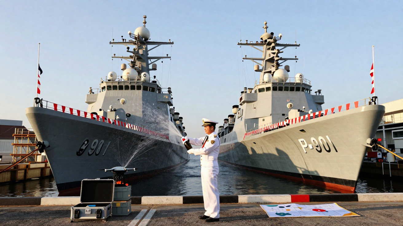 Oficial naval em uniforme branco faz cerimônia junto a dois grandes navios de guerra em porto.