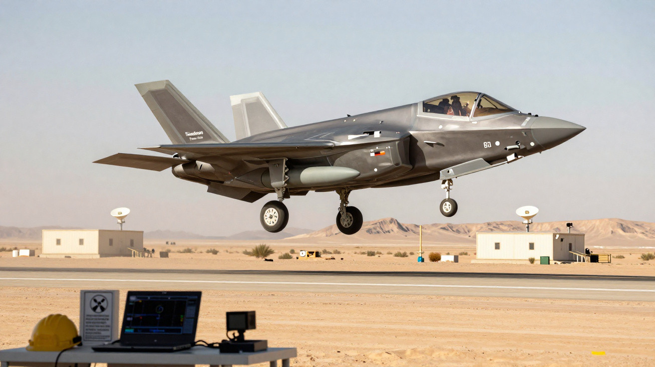 Avião militar F-35 decolando em pista desértica com equipamentos eletrônicos em primeiro plano.