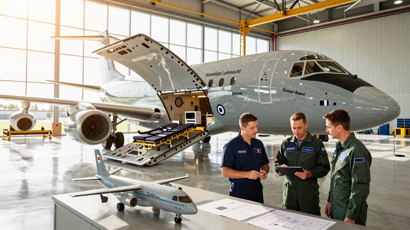 Três homens em uniformes discutem documentos perto de modelo de avião em hangar com jato de transporte médico ao fundo.