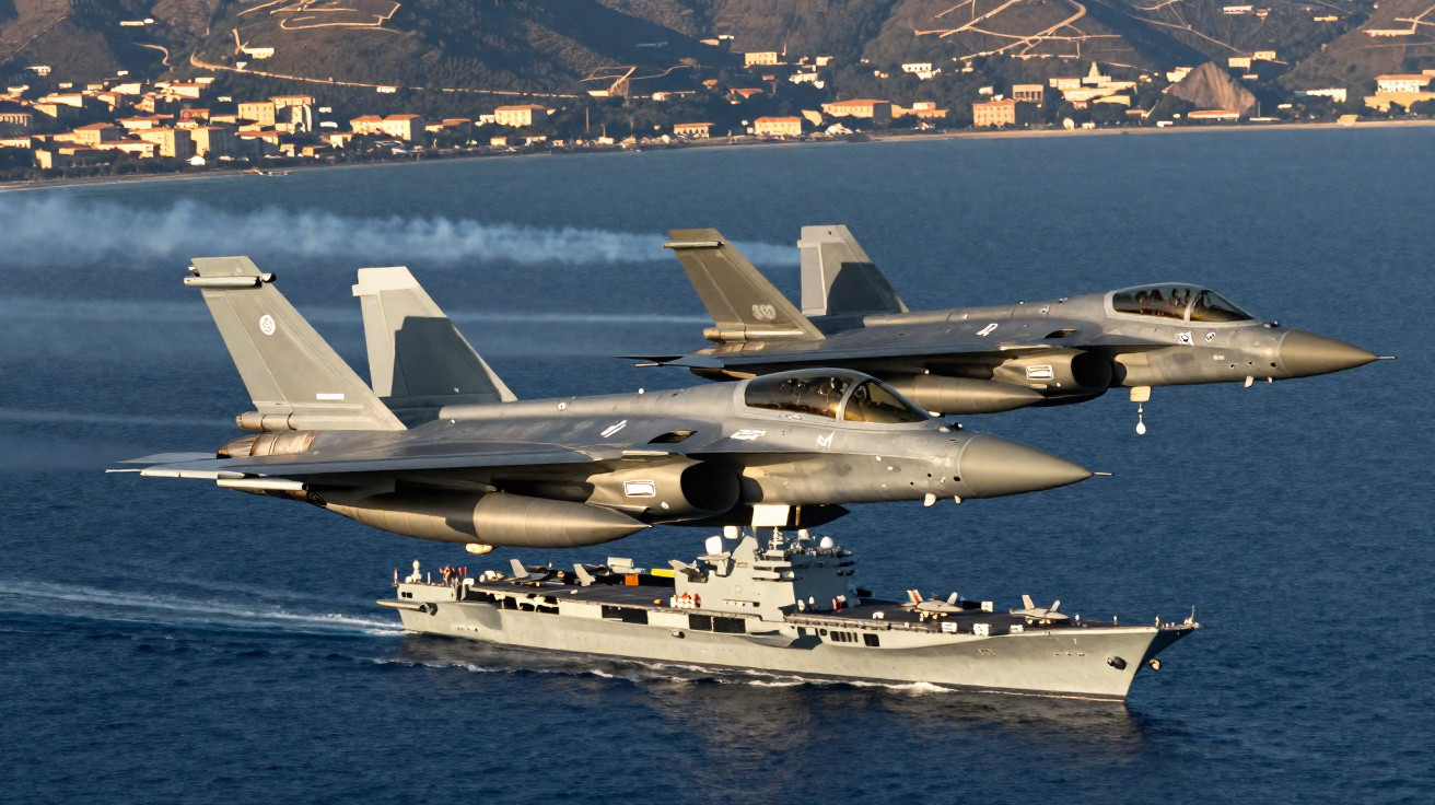 Dois caças militares voando baixo sobre um navio de guerra no mar, com montanhas ao fundo.