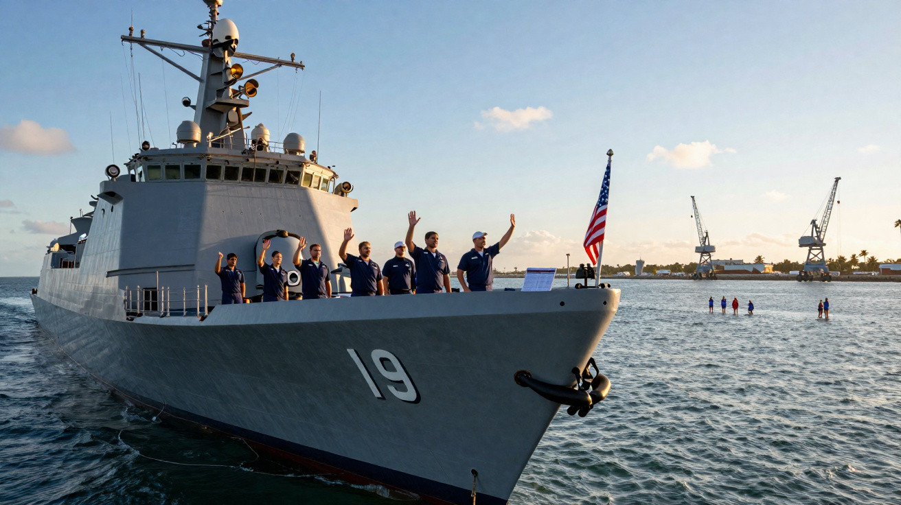 Navio de guerra número 19 com tripulação acenando, bandeira dos EUA à proa em mar calmo ao pôr do sol.