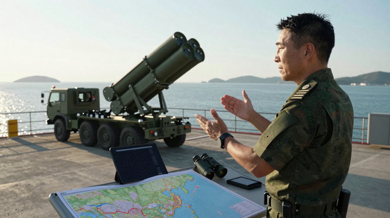 Militar em farda observa caminhão com lançadores de mísseis em área próxima ao mar, com mapa e binóculo sobre mesa.