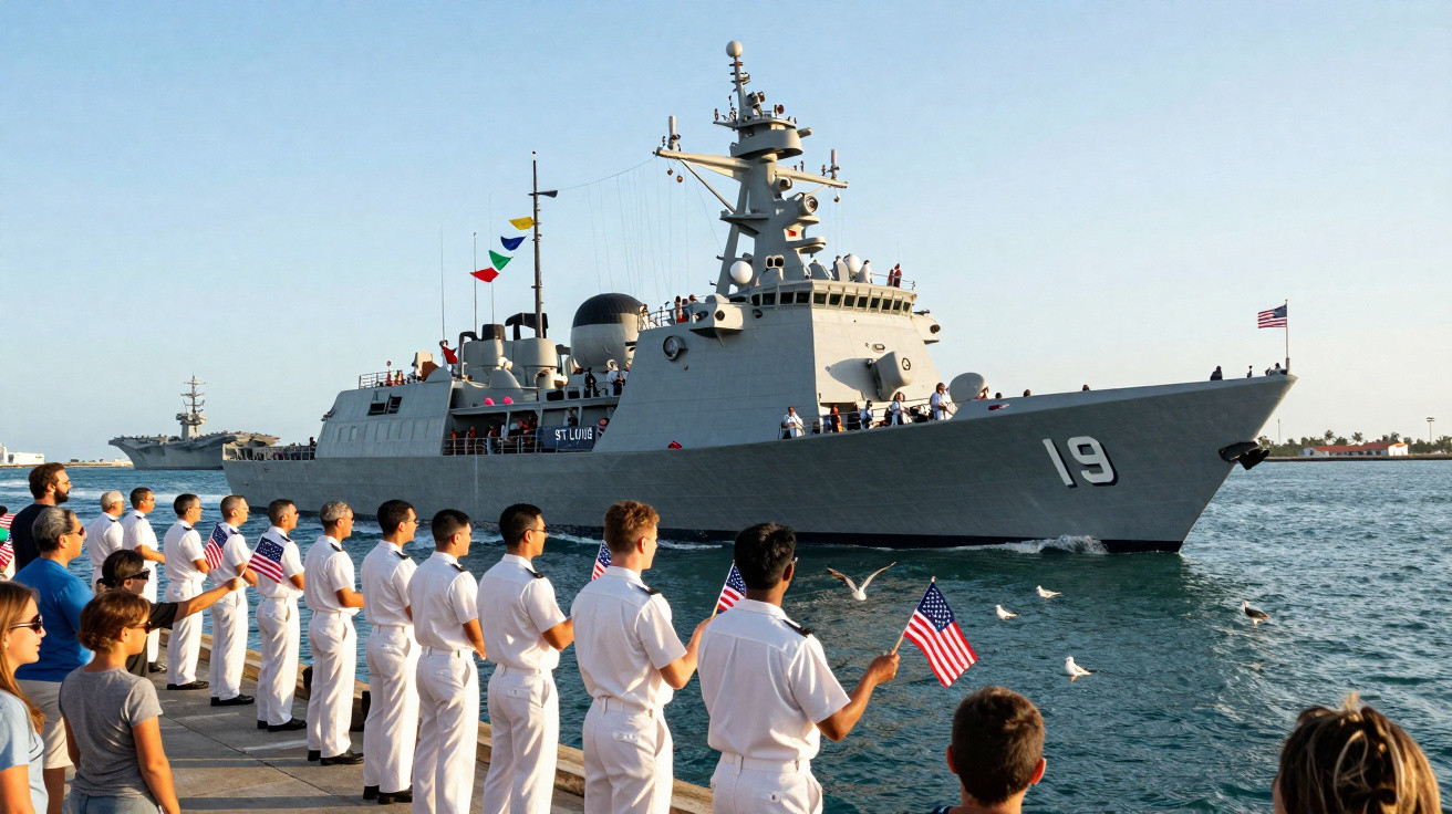 Marinheiros em uniforme branco acenam com bandeiras dos EUA para navio de guerra cinza número 19 no mar.