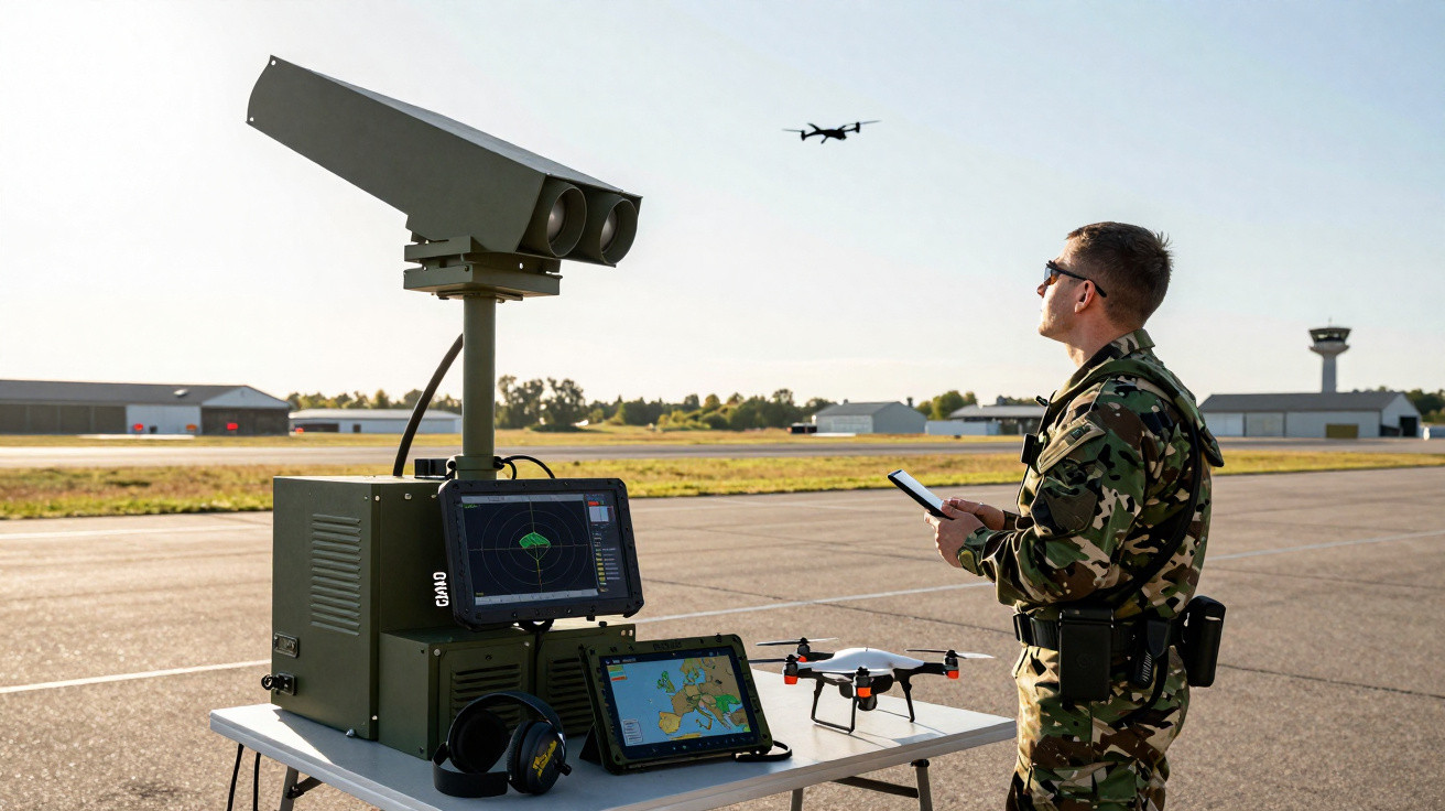 Militar operando drone com controles e equipamentos eletrônicos em pista de aeroporto durante o dia.