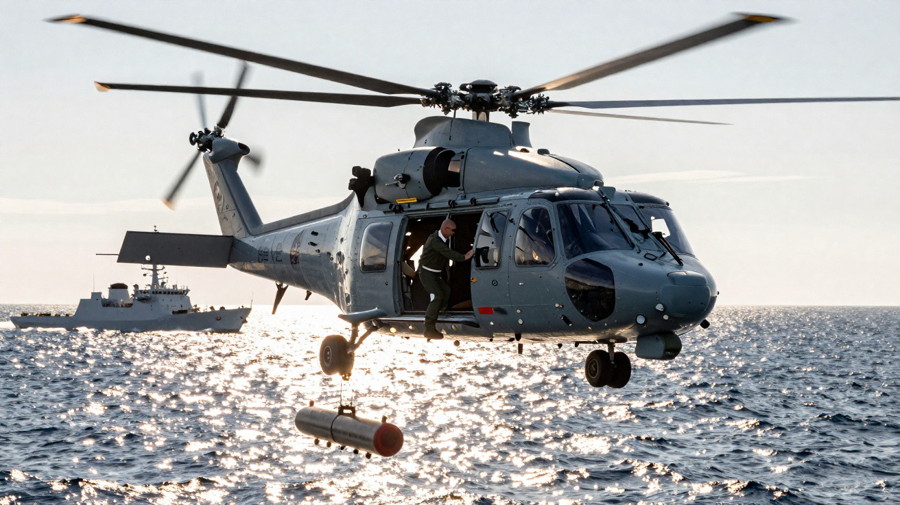Helicóptero militar cinza voando sobre o mar com uma pessoa descendo pela porta lateral aberta.