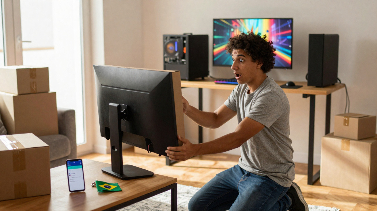 Homem ajoelhado em sala organiza monitor de computador com expressão surpresa.