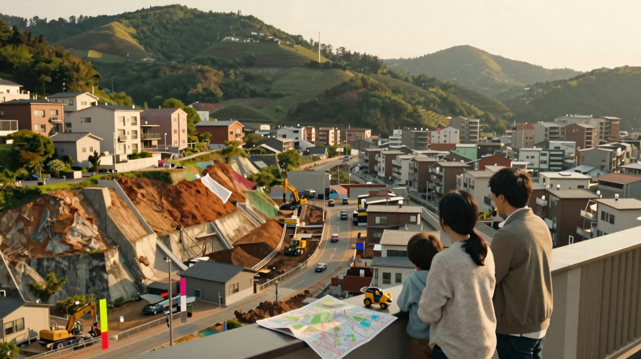 Família observa obras na encosta de uma área urbana cercada por morros ao entardecer.