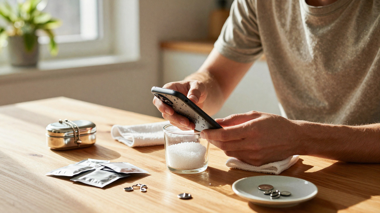 Pessoa usando smartphone para trabalho artesanal com cera no vidro, peças metálicas e moedas sobre a mesa de madeira.