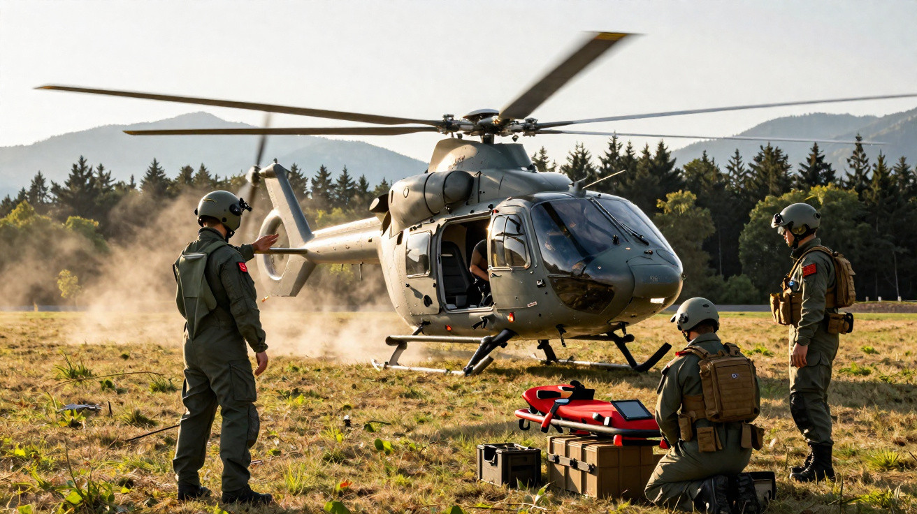 Helicóptero militar pousando em campo aberto com três soldados uniformizados e equipamentos ao redor.