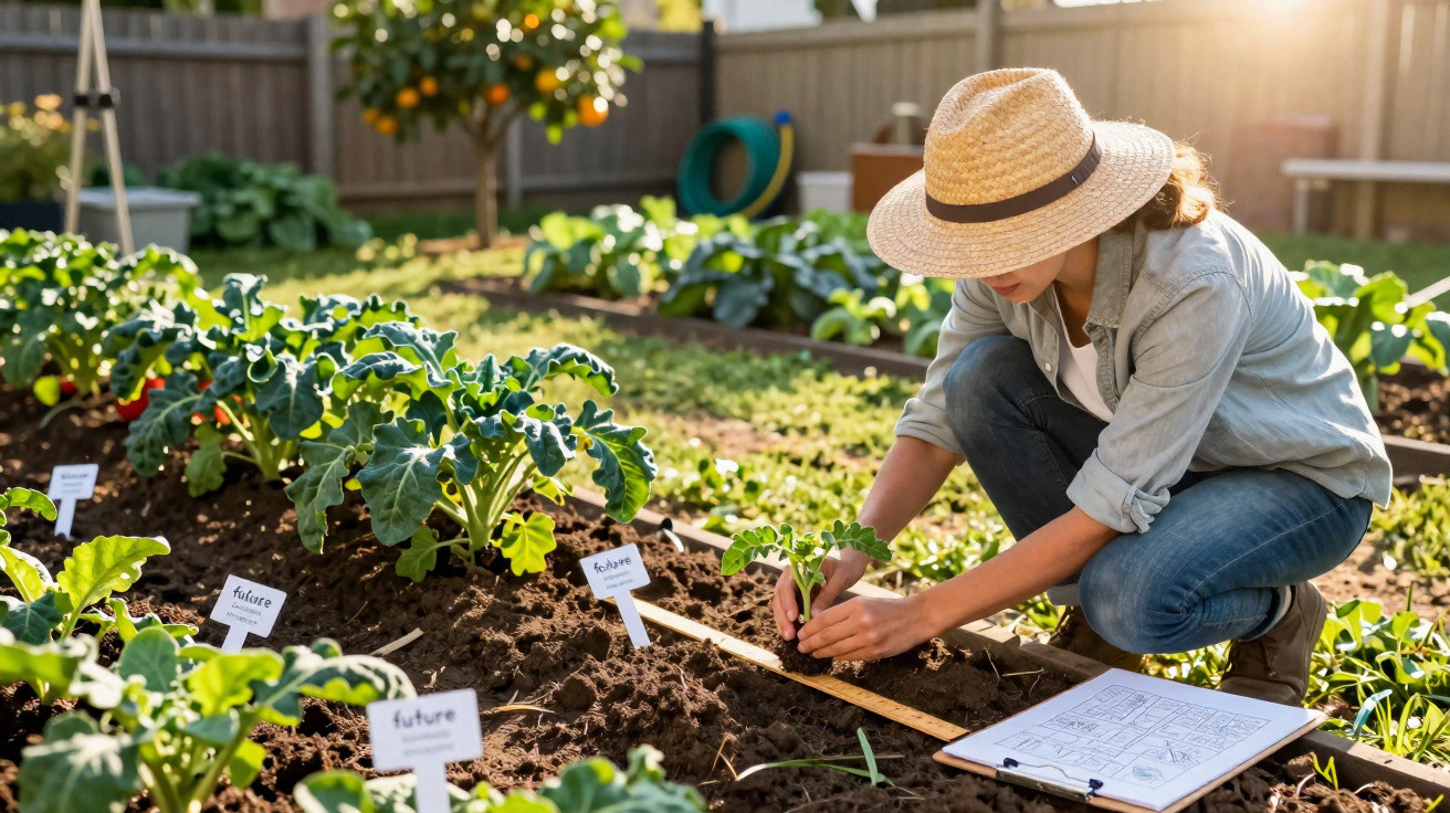 Mulher usando chapéu plantando muda em horta ensolarada com quadro de anotações ao lado.