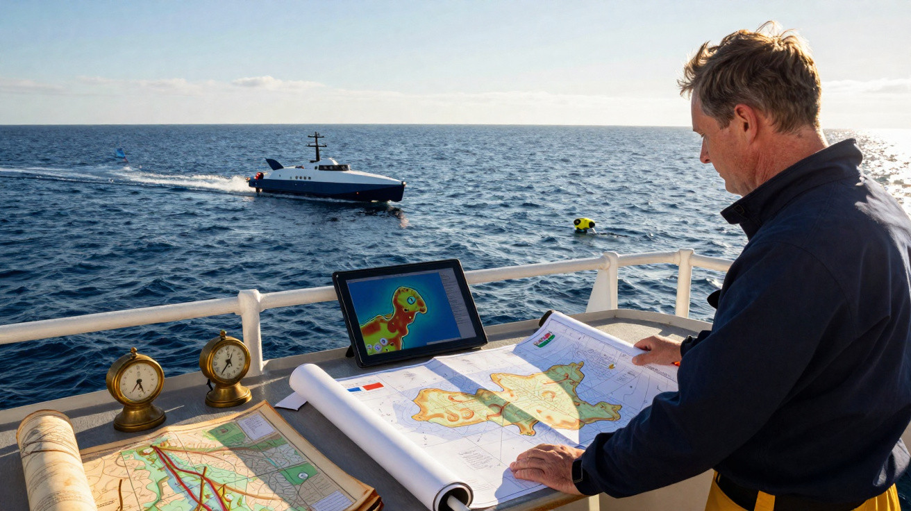 Homem analisa mapas náuticos e imagens térmicas a bordo de um barco no mar, com outro barco ao fundo.