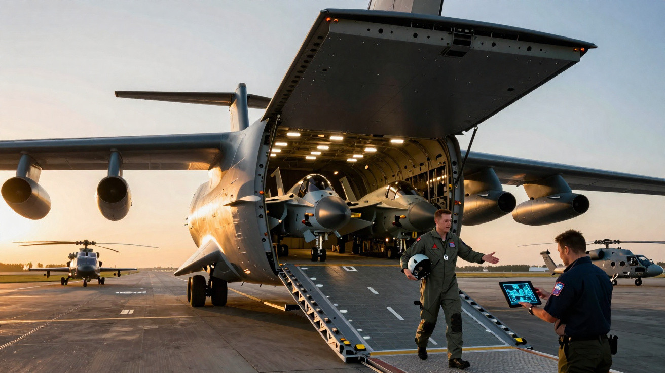 Avião militar com duas aeronaves de caça na rampa de carga, dois pilotos em comunicação, helicópteros ao fundo.