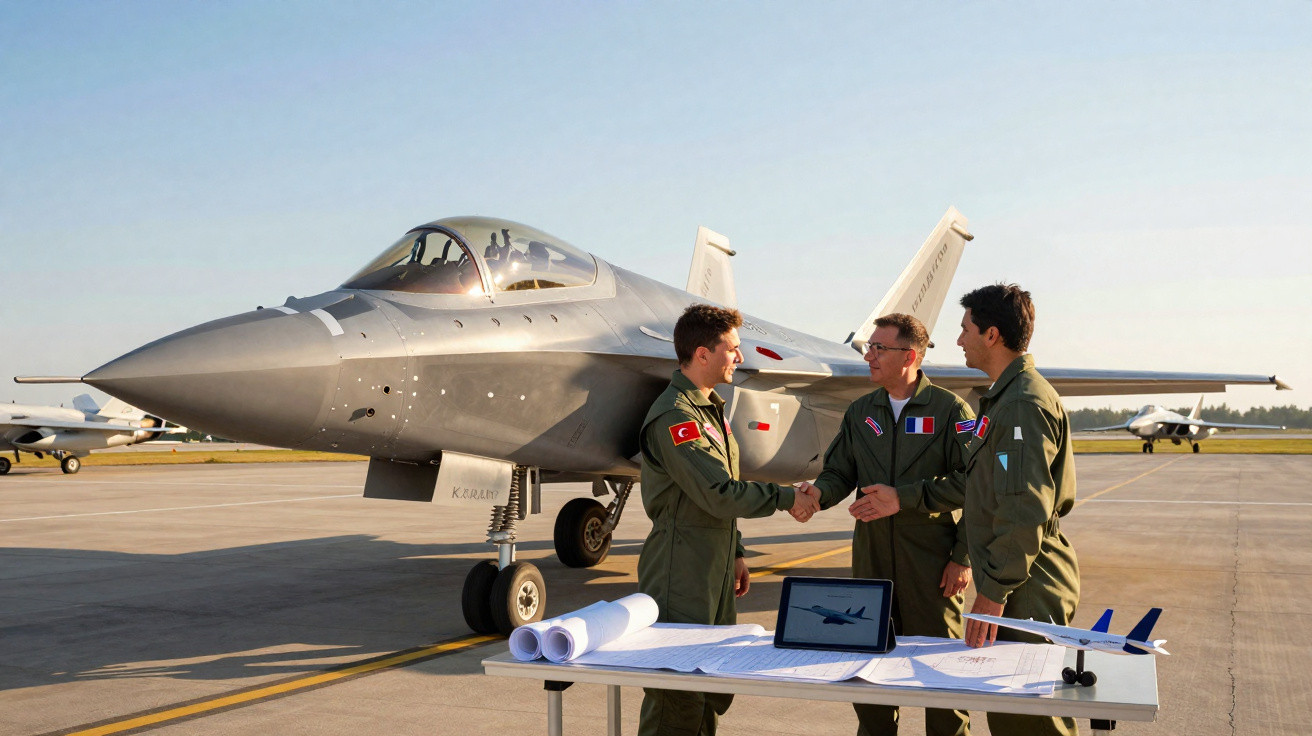 Três pilotos em uniforme cumprimentam-se diante de jato militar estacionado em pista de aeroporto.