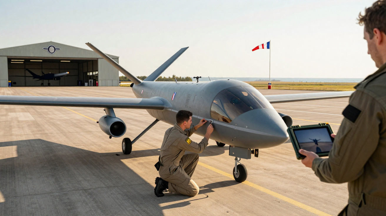 Dois homens inspecionam um avião não tripulado cinza em um pátio de aeroporto com hangar ao fundo.