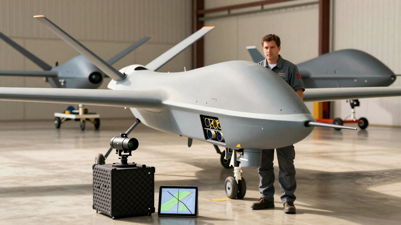 Homem em uniforme cinza ao lado de drone cinza grande em hangar com equipamentos eletrônicos no chão.