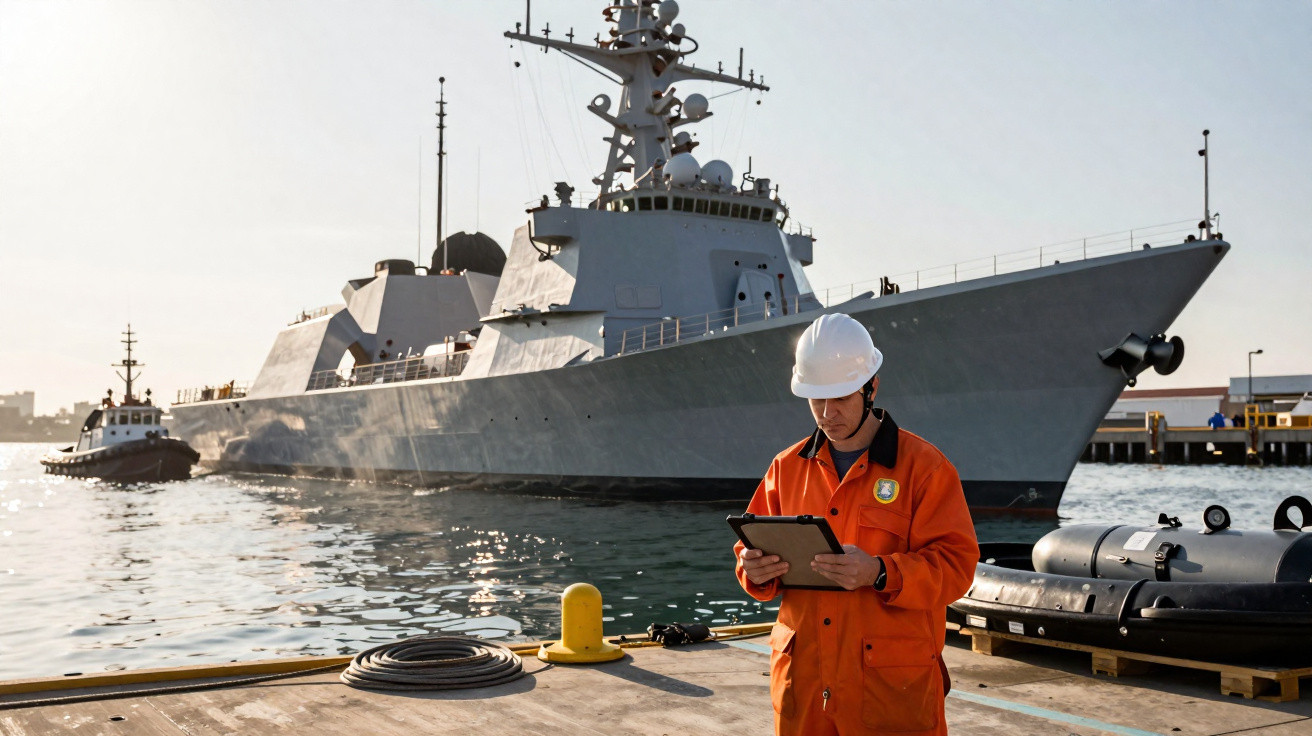 Homem com macacão laranja e capacete branco usando tablet em porto com navio militar ao fundo.